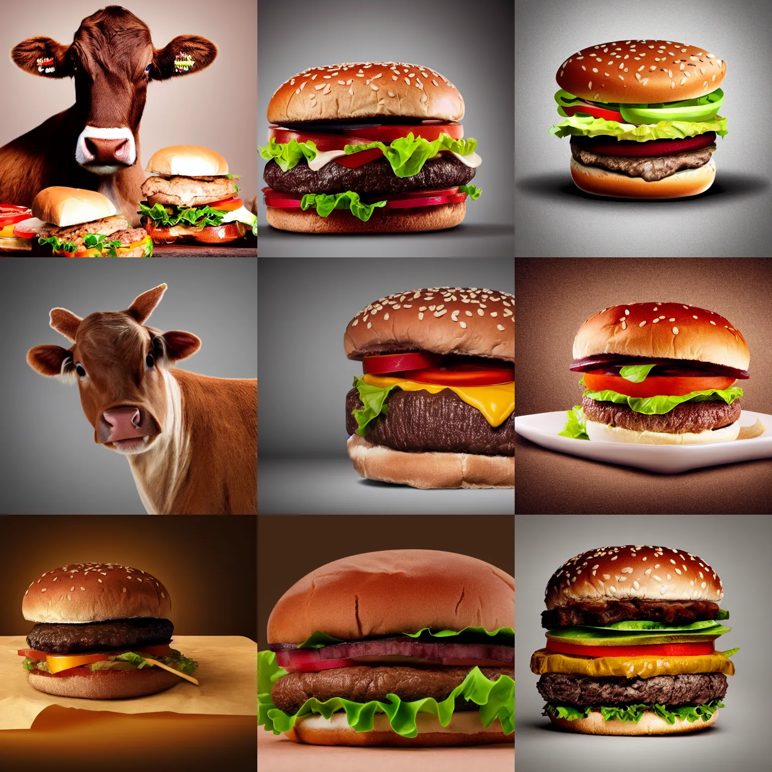 Prompt: a brown calf animal on a hamburger, photorealistic, studio lighting