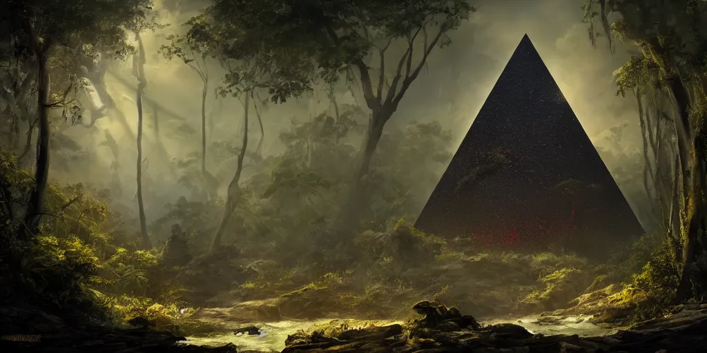 Image similar to black obsidian pyramid!! in a jungle, with a silhouette of humanoid creature by eugene von guerard, ivan shishkin, night, red lightning!!, night!, dramatic lighting, concept art, trending on artstation, 8 k