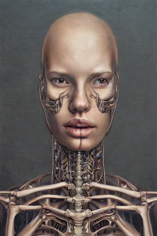 Image similar to beautiful portrait of biomechanical being by marco mazzoni, remnev andrey, detailed, realistic skin color