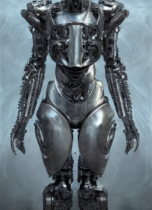 Image similar to portrait of a futuristic silver armored knight district 9 cyborg, in the style of annihilation with eyes made from fusion reactors, modern fine art, fractal, intricate, elegant, highly detailed, digital photography, subsurface scattering, by jheronimus bosch and greg rutkowski,