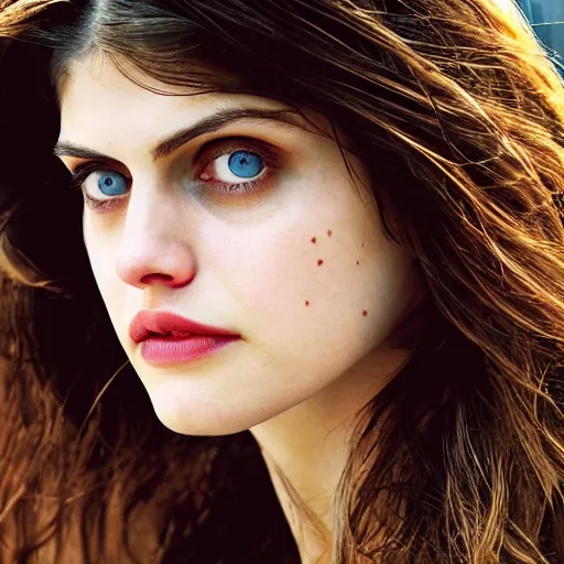 Image similar to closeup portrait of alexandra daddario in a smoky new york back street, photograph, natural light, sharp, detailed face, magazine, press, photo, Steve McCurry, David Lazar, Canon, Nikon, focus