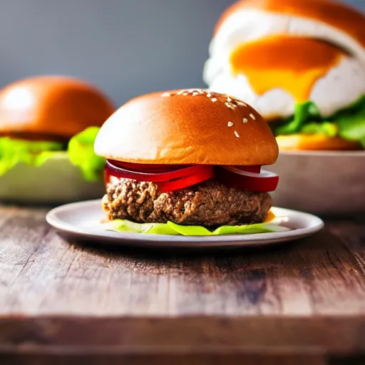 Prompt: hamburger with sauce running down bun, hyper realistic, award winning food photography