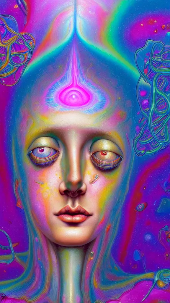 Prompt: hyperrealistic abstract close-up female portrait Renaissance psychedelic!! celestial happy! pure creature!! peaceful! kind spirit of nature! beautiful fractal!! eyes! highly detailed concept art eric zener elson peter cinematic hard rainbow lighting high angle hd 8k sharp shallow depth of field endless, inspired by Zdzisław Beksiński Salvador Dali