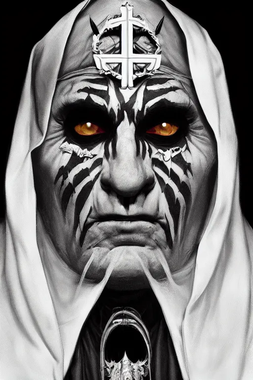 Image similar to portrait of an evil pope with black and white face paint plotting against humanity, ghost, Papa Emeritus, highly detailed, digital painting, artstation, concept art, sharp focus, illustration, art by artgerm and greg rutkowski and alphonse mucha