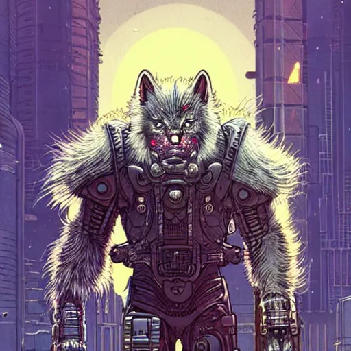 Image similar to portrait of a cybernetic werewolf warrior with white fur and power armor, cyberpunk concept art by josan gonzales and moebius and enki bilal and and dan mumford and jean claude meziere and philippe druilleg