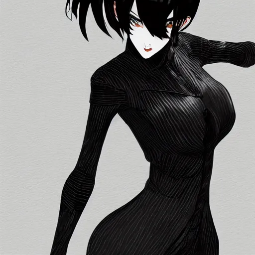 Image similar to slim girl in tuxedo with short black hair, elegant, 2d, ultra highly detailed, digital painting, smooth, sharp focus, artstation, art by Tsutomu Nihei