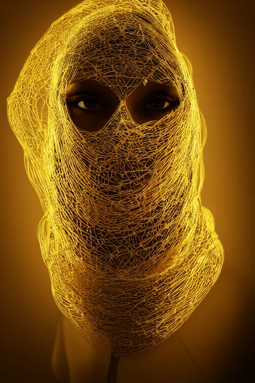 Image similar to wide angle portrait of a woman wearing a mask over her mouth made out of golden intricate wire, weaving the strings of the multiverse, dramatic, moody, backlight, photoreal, intricate complexity, manga styling, octane render