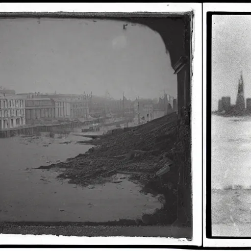 Prompt: grainy 1800s photo of a city submerged in mud