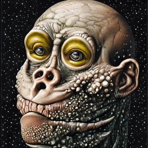 Image similar to measles on a deformed hideous pustule covered monkey, sores, bumps, skin wounds, surface hives, growths, horror, fantasy, highly detailed, by Dan Hillier and Ernst Haeckel