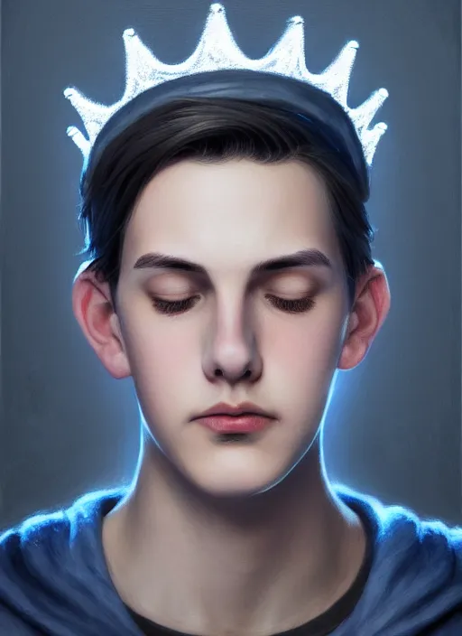 Image similar to portrait of teenage jughead jones wearing a light grey crown, photorealistic, crown, eyes closed, crown, black hair, intricate, elegant, glowing lights, highly detailed, digital painting, artstation, concept art, smooth, sharp focus, illustration, art by wlop, mars ravelo and greg rutkowski