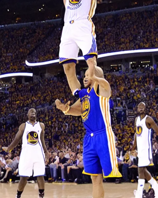 Prompt: Stephen curry dunking on shaq