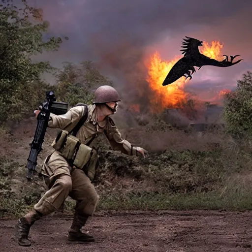 Prompt: A Velociraptor with shoulder mounted machine gun during world war 2, old photograph, jurassic, photorealistic, dusk, fire, Natural Lighting, Sunlight, backlight, telephoto lens, hyper realistic.