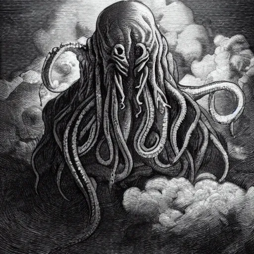 Image similar to a traditional portrait of cthulhu, night, clouds, illustration by Gustave Doré