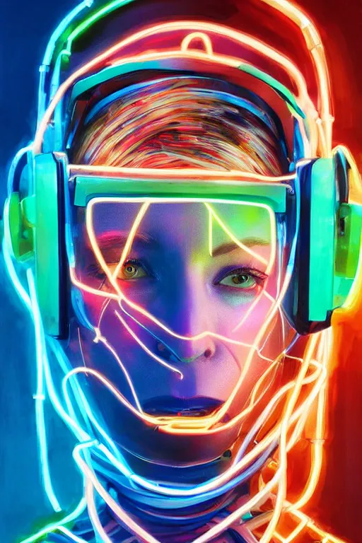 Prompt: cate blanchett with cyber headgear surrounded by wires, neon colors, oil on canvas, strong lighting, by Josan Gonzalez, HD, 4K