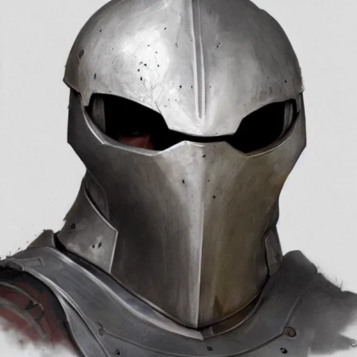 Image similar to man in crusader armor, helmet and white cape drawn by greg rutkowski realistic high detail