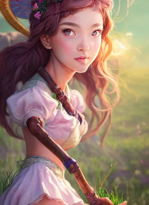 Image similar to full body portrait of a magical farmer girl. detailed face, concept art, intricate, highly detailed 8 k, smooth, sharp focus, beautiful and aesthetic shape of face and body, artgerm, artstation, art by zexi guo and nira and junpei suzuki and gharliera and rinotuna