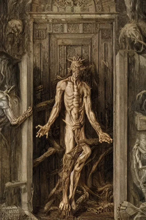 Image similar to this monster stands ever at the threshold of each new onward step and is in very truth the son of perdition, 8k image, ultrarealistic, elaborate and emotive, transcendental