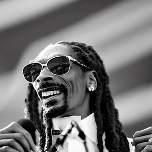 Image similar to vintage photograph of Snoop Dogg speaking at the Million Man March, Sigma 40mm, portrait, black and white