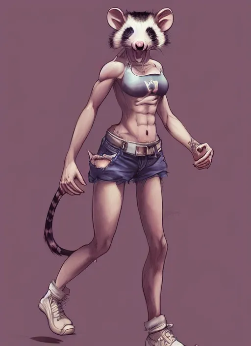 Prompt: character portrait of a female anthro opossum fursona wearing a tanktop and shorts with arm tattoos. Character design by charlie bowater, ross tran, artgerm, and makoto shinkai, detailed, inked, western comic book art