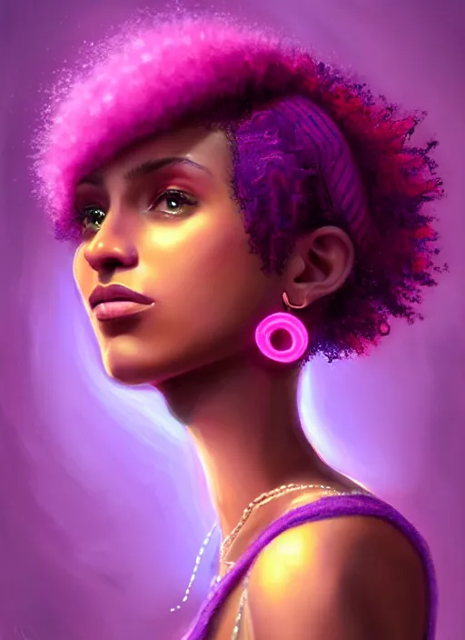 Image similar to portrait of teenage vanessa morgan with bright pink hair, black girl, curly pixie cut hair, wearing a purple breton cap, breton cap, hoop earrings, intricate, elegant, glowing lights, highly detailed, digital painting, artstation, concept art, smooth, sharp focus, illustration, art by wlop, mars ravelo and greg rutkowski