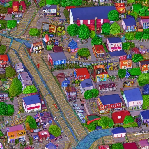 Image similar to zoomed in section of a larger map of busytown, extreme detail, sharp colors, octane render, 8k