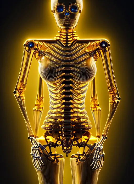 Image similar to full body rendering of a futuristic female golden mechanical skeleton with human face, wires, glowing internal light, hyperdetailed illustration by irakli nadar and alex grey, intricate linework, faberge, intricate gold linework, dark atmosphere, unreal engine 5 highly rendered, global illumination, radiant light, detailed and intricate environment