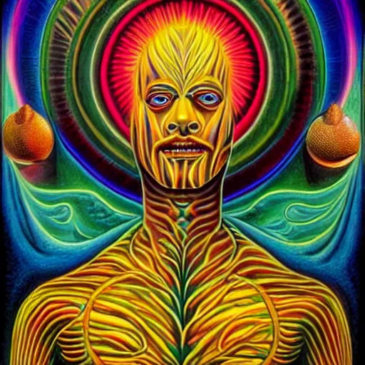 Image similar to Alex Grey painting of a lemon god