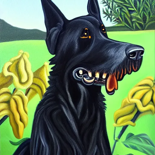 Image similar to oil painting of a black hound bearing its teeth next to brugmansia suaveolens flowers