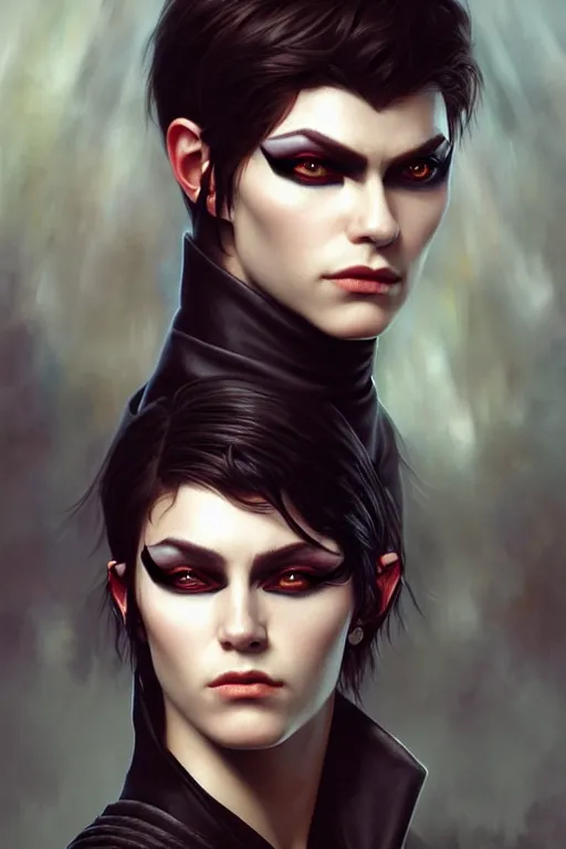 Prompt: photorealistic portrait of a young butch vampire woman, handsome, female, masculine, upper body, fantasy, fierce, sharp features, intricate, elegant, highly detailed, digital painting, artstation, concept art, matte, sharp focus, illustration, art by artgerm and greg rutkowski and alphonse mucha