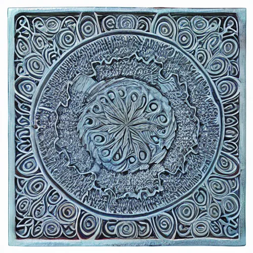 Image similar to fractals, maze, thin lines, ernst haeckel, carved soapstone relief paneling white and pale blue