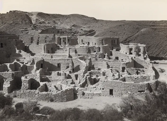 Image similar to Photograph of sprawling cliffside pueblo ruins, showing circular earthworks, terraced gardens and narrow stairs in lush desert vegetation in the foreground, albumen silver print, Smithsonian American Art Museum