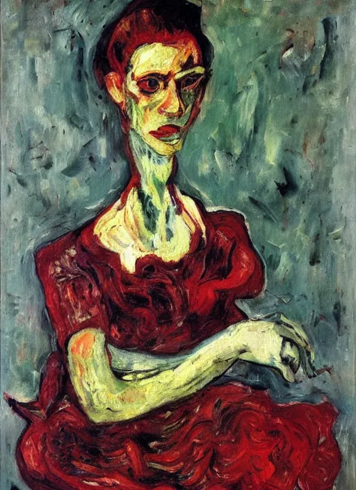 Image similar to an oil painting of a woman looking distressed, intense eyes, in a red dress posing with meat in expressive style of Van Gogh, Chaim Soutine and Frank Auerbach, complimentary palette of maroon alizarin and dark gray greens