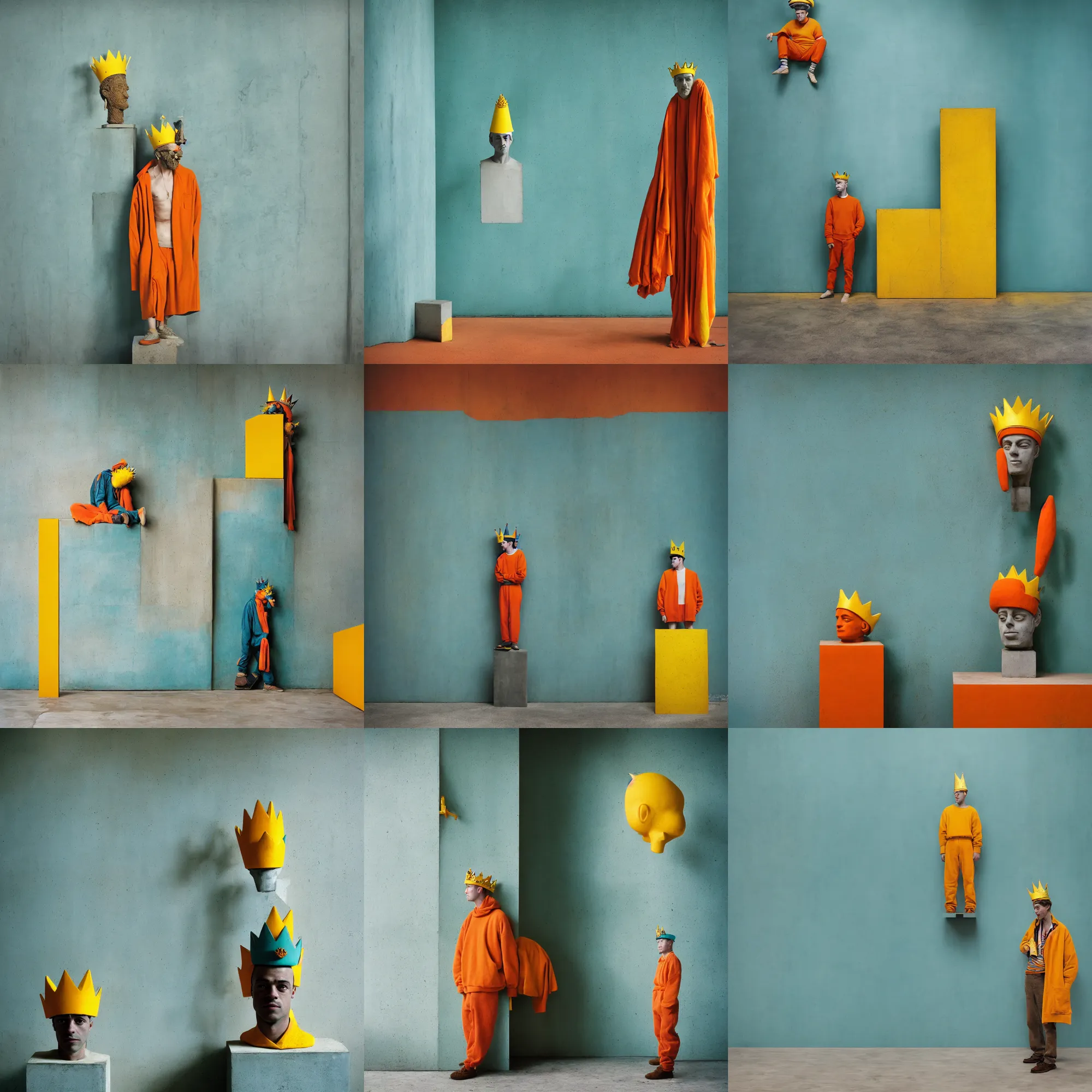 Prompt: kodak portra 4 0 0, 8 k, shot of a highly detailed, britt marling style, colour still - life portrait of a large minimalistic room, rough concrete walls, a single rough carved wooden teal and orange striped coloured statue is standing on a concrete podest with a yellow crown on his head, muted colours