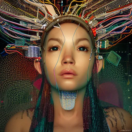 Image similar to deeper into the metaverse we go, piles of modular synth cables, kawaii puerto rican goddess swimming up wearing a headpiece made of circuit boards, by cameron gray, wlop, stanley kubrick, masamune, hideki anno, jamie hewlett, unique perspective, trending on artstation, 3 d render, vivid