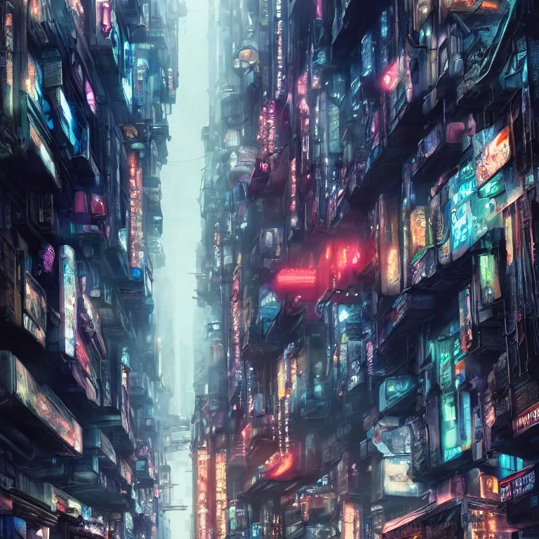Prompt: hyperrealistic matte painting of a city alley with people dressed in futuristic clothes, cyberpunk designs, futuristic vehicles, automations, and faint glows of vivid color, cinematic, scene from blade runner, highly detailed, hd quality, realism, 8 k resolution, by noriyoshi ohrai and john smith