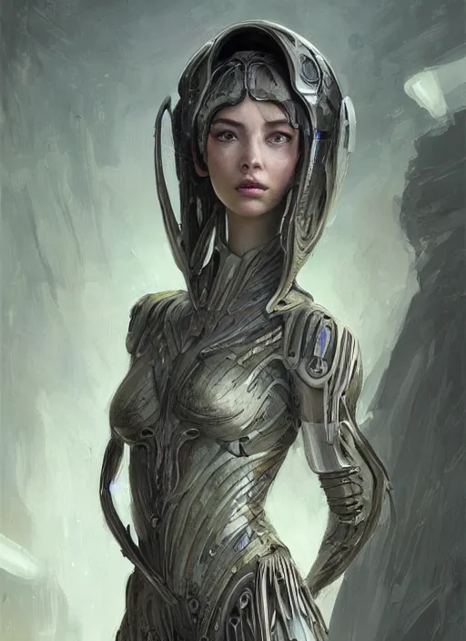 Image similar to a professional painting of a beautiful young female alien, clothed in ethereal armor, olive skin, long dark hair, beautiful bone structure, symmetrical facial features, intricate, elegant, digital painting, concept art, smooth, sharp focus, illustration, from Valerian and the City of a Thousand Planets, by Ruan Jia and Mandy Jurgens and Artgerm and William-Adolphe Bouguerea