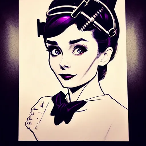 Image similar to in the style of joshua middleton, artgerm, beautiful audrey hepburn, steampunk, bioshock, elegant pose, middle shot, spooky, symmetrical face symmetrical eyes, three point lighting, detailed realistic eyes, short neck, purple and green top clothing, insanely detailed and intricate elegant