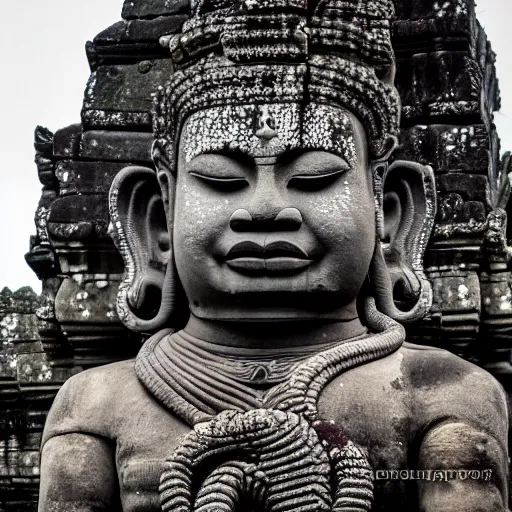 Image similar to angkor thon, asuras yaksha giant, holding a snake, full body, photorealistic, photography hight quality, sharp, stones, award winning photography, canon, thierry rouzier