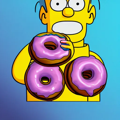 Detailed cel-shaded fantasy anime. Uncanny Valley Homer Simpson, with pitch  black eyes, standing on an empty, barren plain. His head is split into  slices of pink frosted donuts with sprinkles. Unsettling stretched