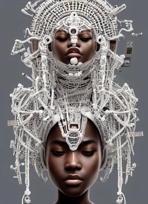 Image similar to white statue!! portrait of a cyberpunk machine, machine face, upper half portrait, decorated with beads, african man, traditional chinese art, intricate, elegant, highly detailed, headpiece, digital painting, artstation, concept art, smooth, sharp focus, illustration, art by artgerm and greg rutkowski and alphonse mucha, 8 k