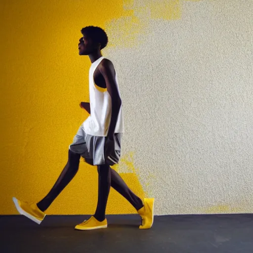 Image similar to black teenage boy with a long nose wearing a white tank top, walking in a nostalgic room with yellow walls and brown carpet