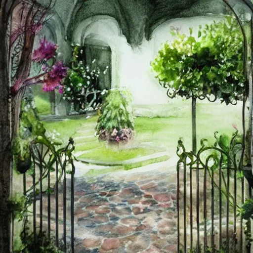 Image similar to delicate, chairs, garden, paved, botanic watercolors, iridescent, 8 k, realistic shaded, fine details, artstation, italian, iron gate, tree, mediterranean, mage