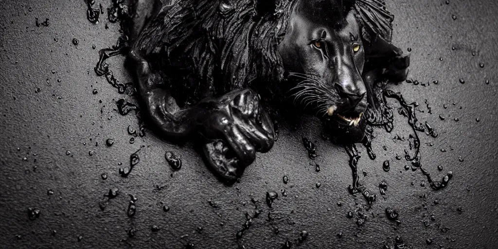 Image similar to the black lioness made of tar, dripping tar, drooling ferrofluid, melting through the hallway air vent. dslr, photography, animal photography, realistic, detailed