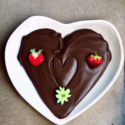 Image similar to a heart shaped brown yorkshire dog made of chocolate and strawberries, art