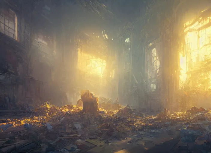 Prompt: one bright the rich golden house among destroyed world around volumetric lighting, digital painting, highly detailed, artstation, sharp focus, illustration, concept art, ruan jia, steve mccurry, amazing composition