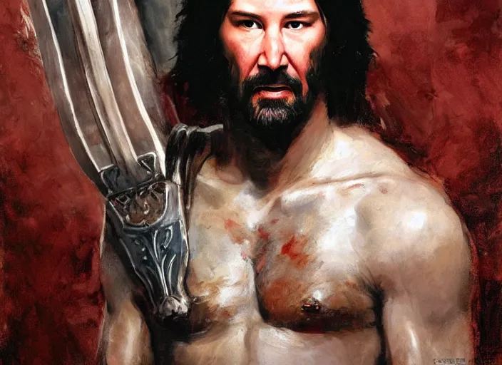 Image similar to a highly detailed beautiful portrait of keanu reeves as kratos, by gregory manchess, james gurney, james jean