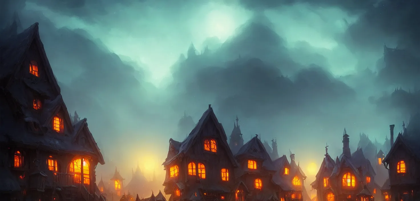 Prompt: dark fairy - tale night in the village, glowing houses against the night sky, cinematic view, epic sky, detailed, concept art, low angle, high detail, warm lighting, volumetric, godrays, vivid, beautiful, trending on artstation, by jordan grimmer, huge scene, grass, art greg rutkowski