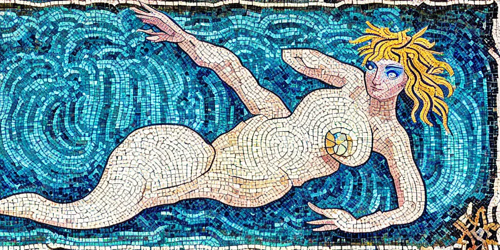 Image similar to ancient roman mosaic of bluehair mermaid with a shell bikini on sea floor, illustration by moebius, victo ngai, clean thick line, mosaic style