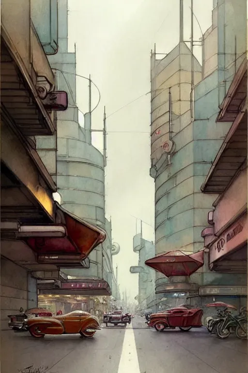 Image similar to ( ( ( ( ( taliesin 1 9 5 0 s retro future art deco city street design. muted colors. ) ) ) ) ) by jean - baptiste monge!!!!!!!!!!!!!!!!!!!!!!!!!!!!!!