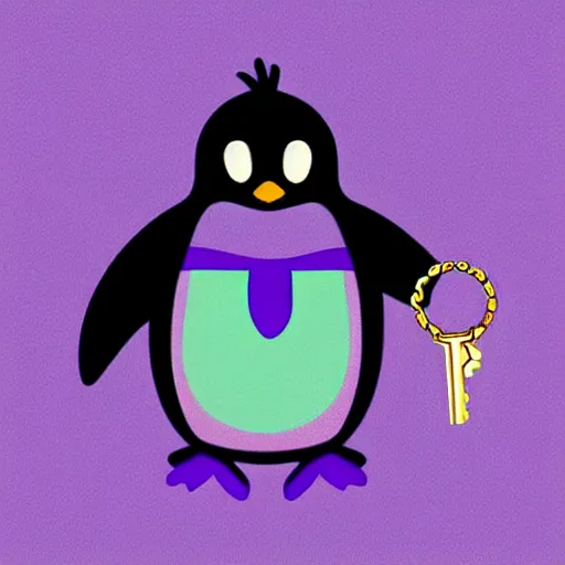 Prompt: 2 d purple penguin holding a key. disney art style. digital art. simple.